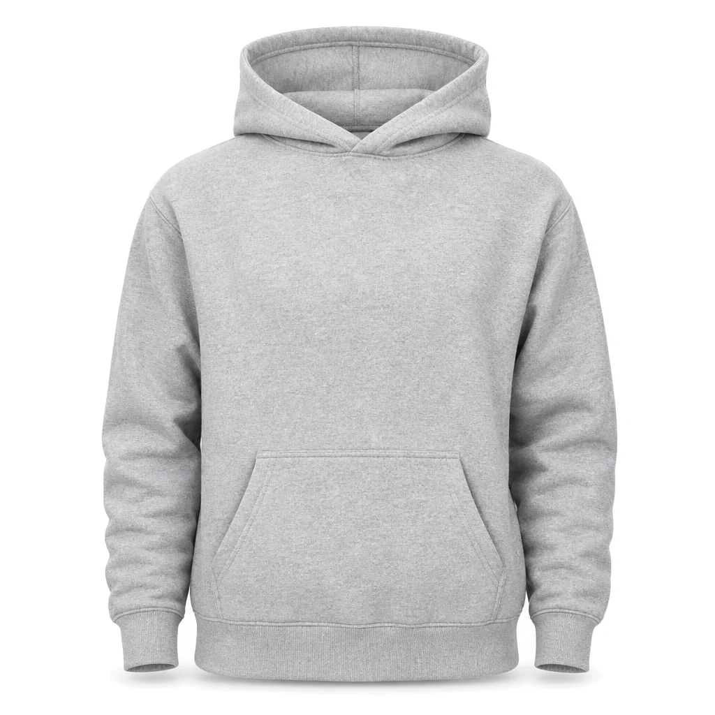 The Pullover Hood sweatshirt in heather grey, front view