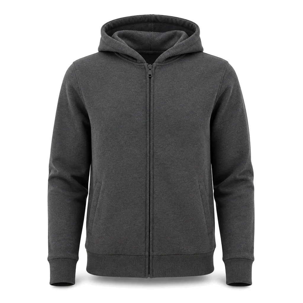 The Zip Hood sweatshirt in charcoal, front view